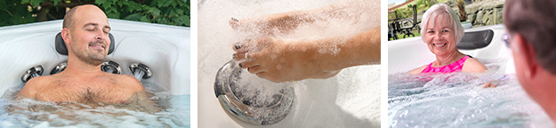 Views of hot tub therapy features including the StressRelief Neck and Shoulder Seat, Master Blaster jets and more.